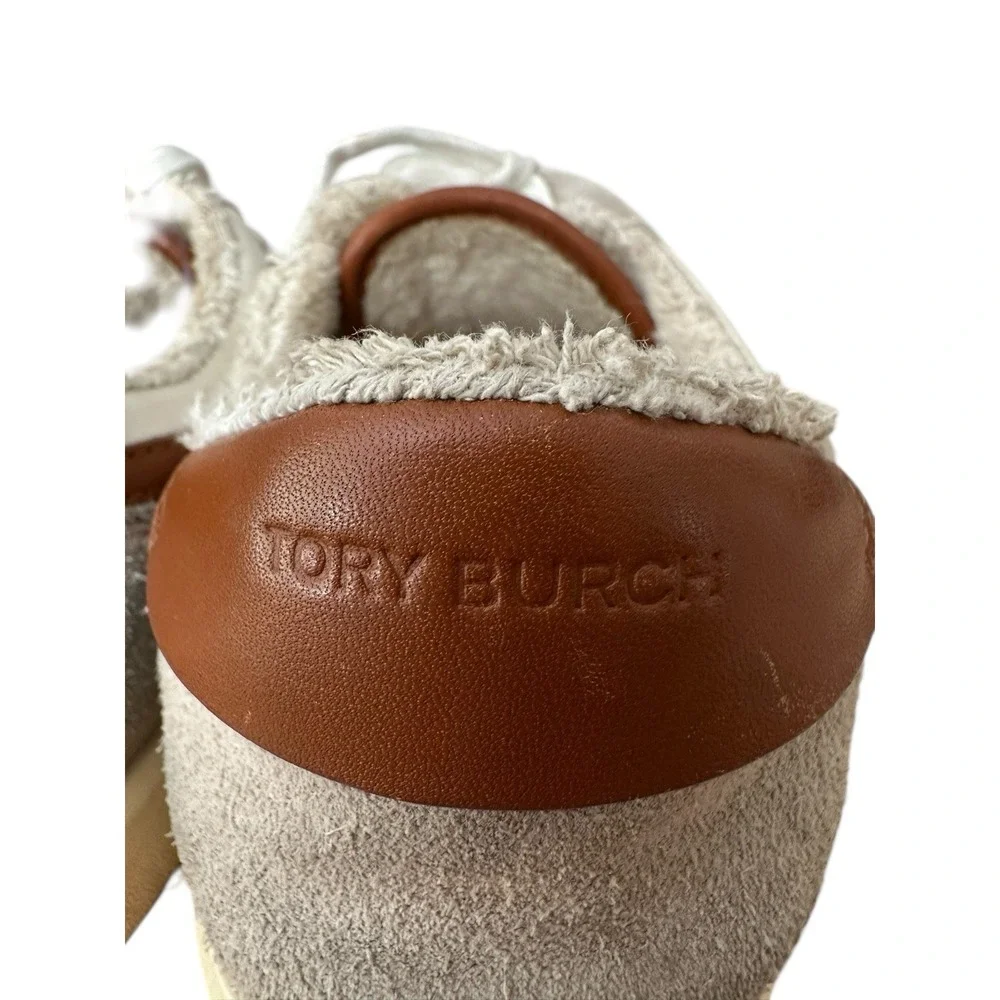 Tory‎ Burch Hank Court Sneakers Women Size 8.5 Brown Cream Lace Up Logo #S103-1